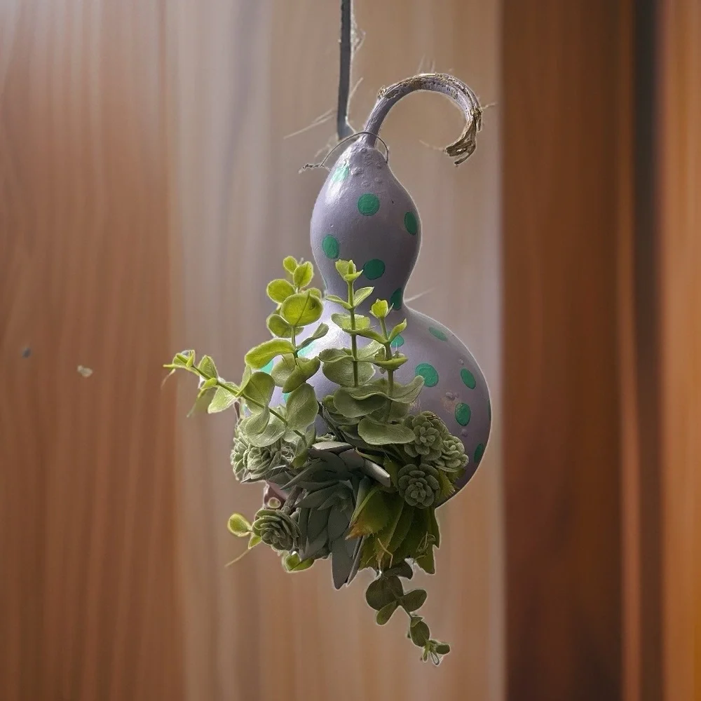 Hand crafted painted dried gourd planter purple aqua blue dots faux succulents - Picture 3 of 16